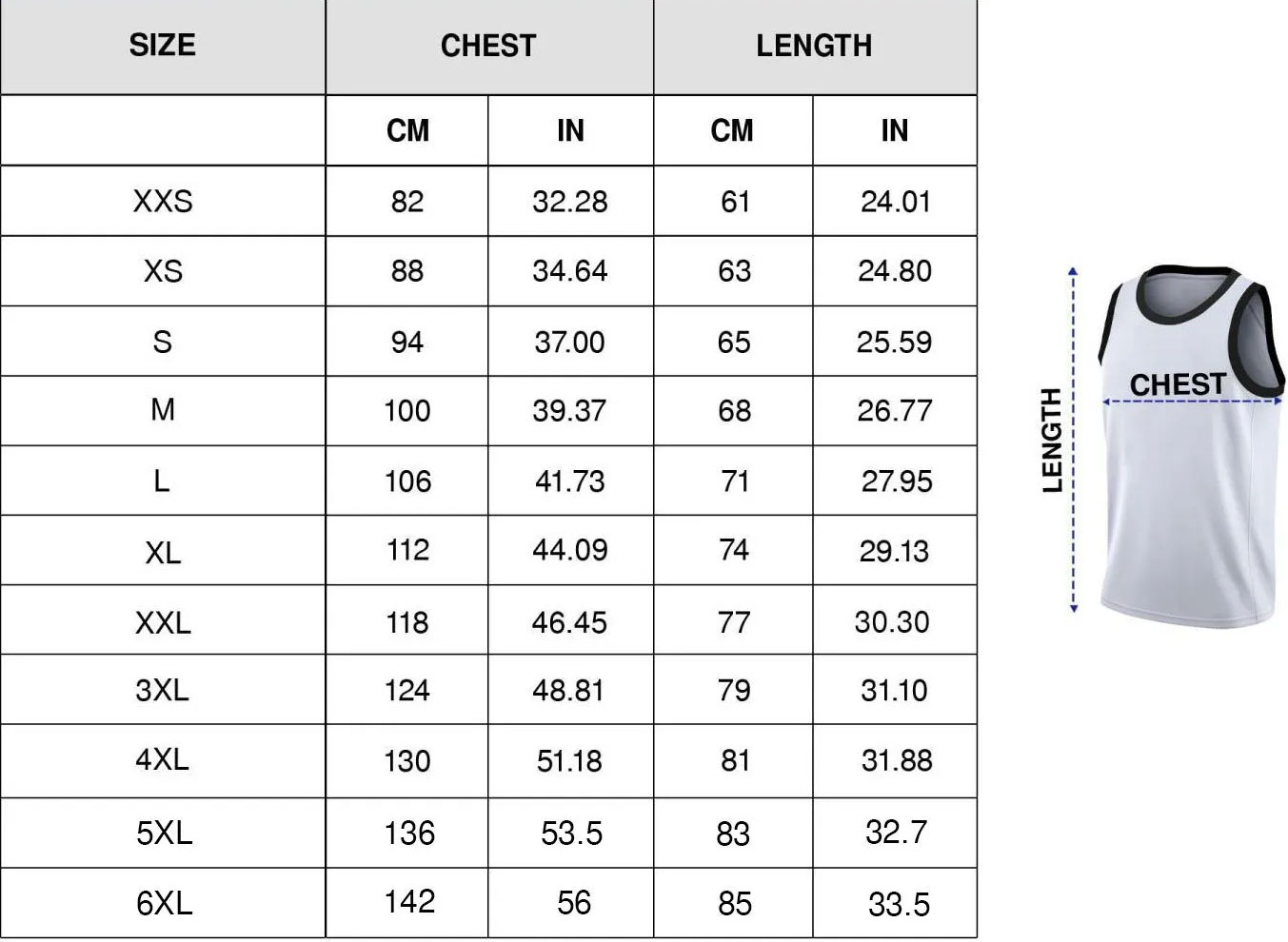 Basketball Jersey sizechart