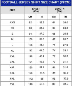 Football Jersey sizechart