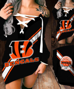 Cincinnati Bengals Shoulder Deep V Neck Lace Up Long Sleeve Pullover 01