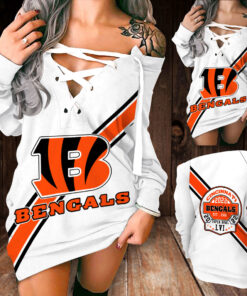 Cincinnati Bengals Shoulder Deep V Neck Lace Up Long Sleeve Pullover 02