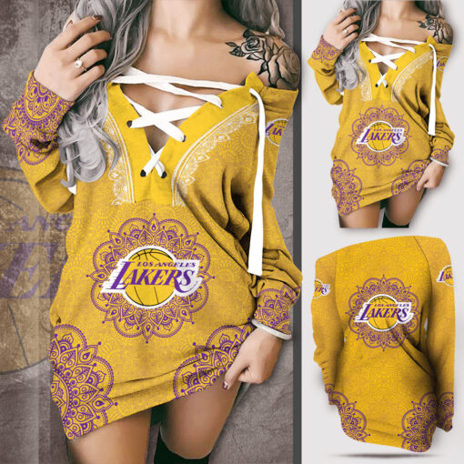 FAN designed Los Angeles Lakers LAL NBA Off Shoulder Deep V Neck Lace Up Long Sleeve Pullover