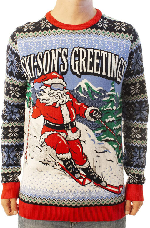 Funny Santa Skisons Greetings Blue Ugly Christmas 3D Sweater