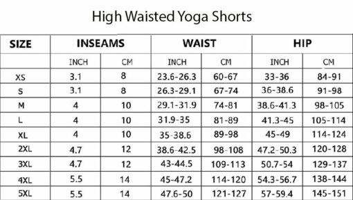 High Waisted Yoga Shorts Sizechart