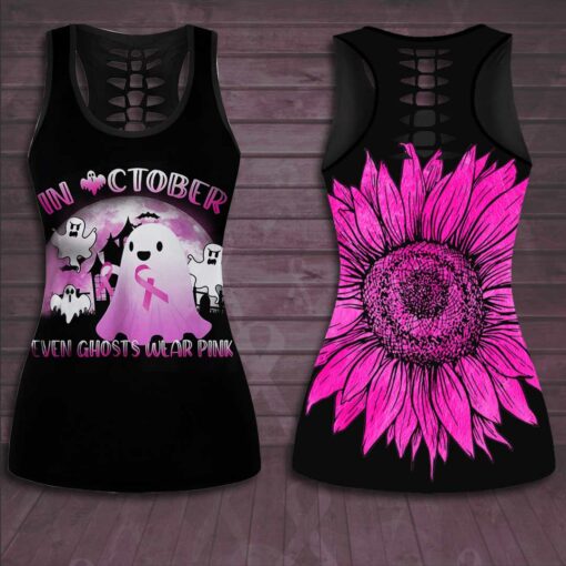 In October Even Ghost Wear Pink Breast Cancer Awareness 3D Hollow Tank Top Leggings 01