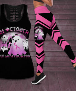 In October Even Ghost Wear Pink Breast Cancer Awareness 3D Hollow Tank Top Leggings