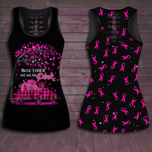 In October We Wear Pink Car Breast Cancer Awareness 3D Hollow Tank Top Leggings 01