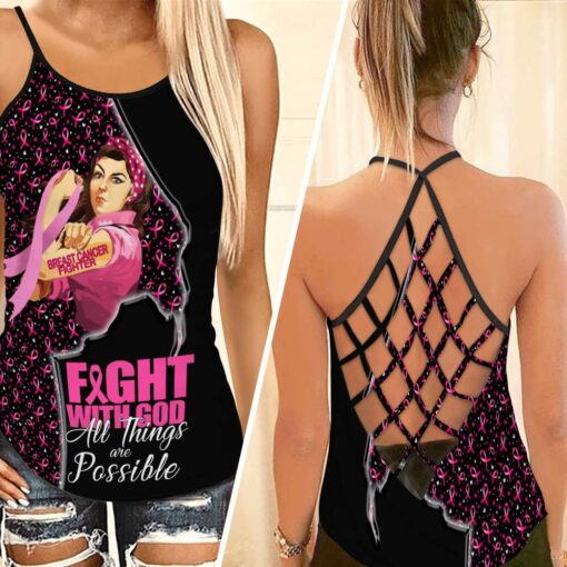 Woman Right Breast Cancer Awareness 3D Hollow Tank Top Leggings 01