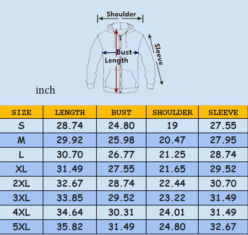 Zip-Hoodie size chart