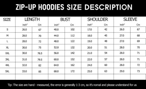 Zip up Hoodies Sizechart new