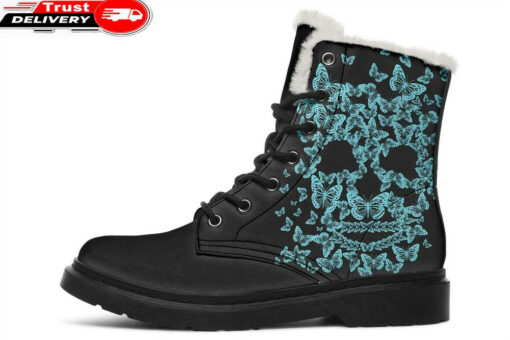 aqua butterfly skull faux fur leather boots