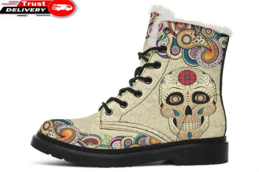 beige mandala and skull faux fur leather boots