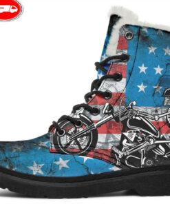 biker flag skull faux fur leather boots