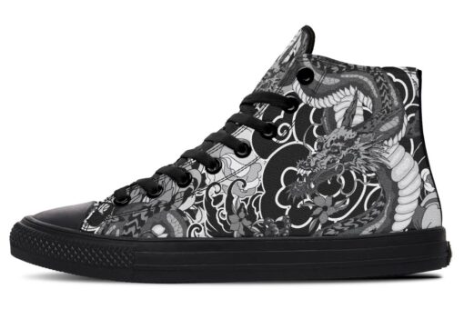 black and white japanese dragon and flowers high top canvas shoes