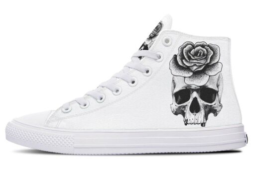 black and white skull and rose high top canvas shoes