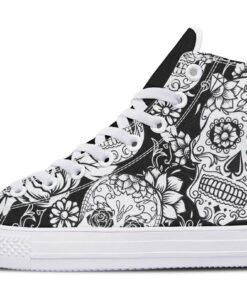 black and white skull high top canvas shoes