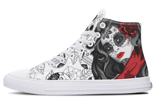 black red white skull woman high top canvas shoes
