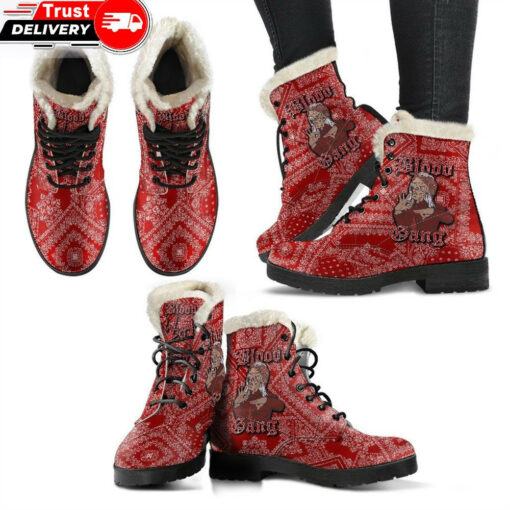 blood gang faux fur leather boots red paisley