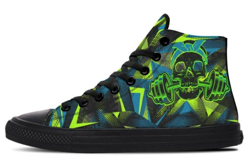 blue green dumbell skull high top canvas shoes