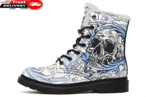 blue japanese skull faux fur leather boots
