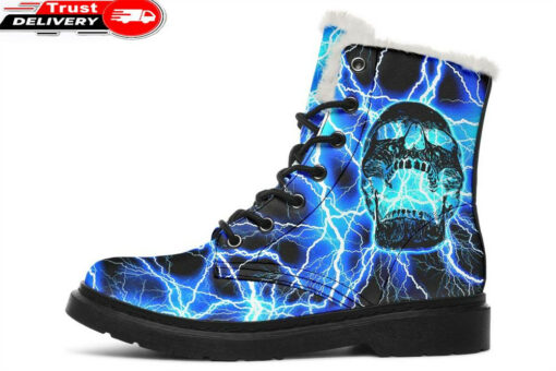 blue lightning skull faux fur leather boots