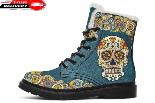 blue mandala skull faux fur leather boots