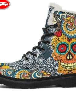 blue skull and mandala faux fur leather boots