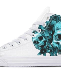 blue skulls with flowers high top canvas shoes