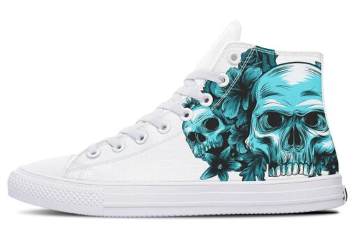 blue skulls with flowers high top canvas shoes