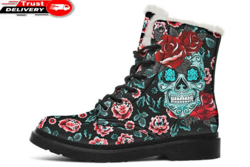 blue sugar skull and roses faux fur leather boots