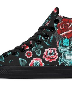 blue sugar skull and roses high top canvas shoes