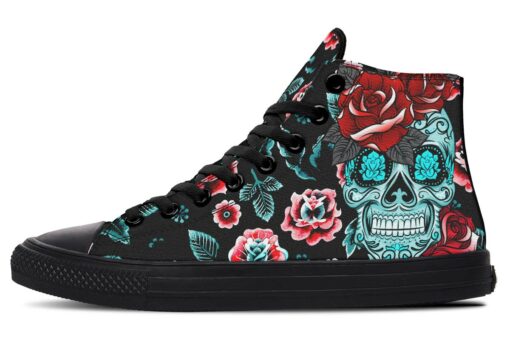 blue sugar skull and roses high top canvas shoes