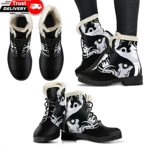 bomber faux fur leather boots ying yang wolf a21