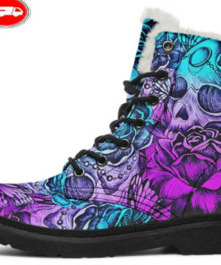 butterfly and roses skeleton faux fur leather boots