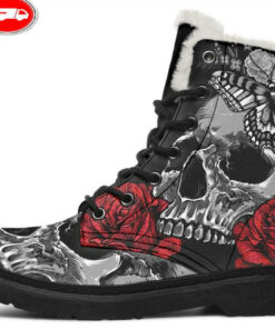 butterfly red rose and skull faux fur leather boots