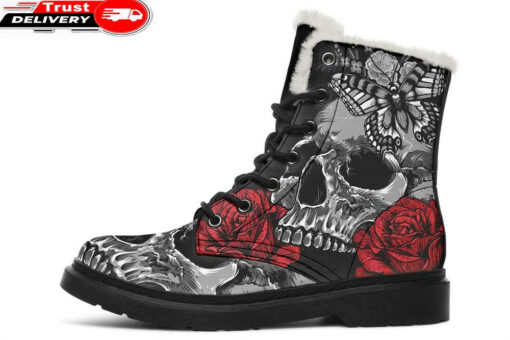 butterfly red rose and skull faux fur leather boots
