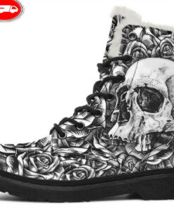 cartoon style skeleton and roses faux fur leather boots
