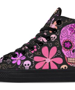 cartoon sugar skull and daisy flowers high top canvas shoes