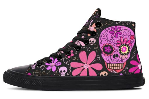 cartoon sugar skull and daisy flowers high top canvas shoes