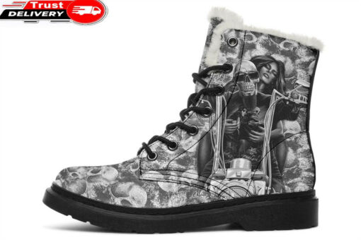 chopper skull rider faux fur leather boots