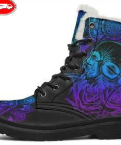 colorful mandala and skeleton faux fur leather boots