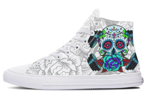 colorful skull and barbell high top canvas shoes