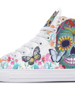 colorful sugar skull and butterfly high top canvas shoes