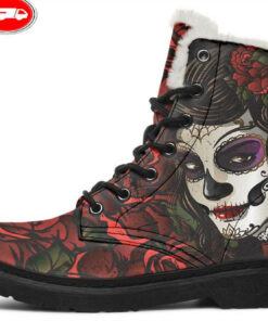 colorful sugar skull woman faux fur leather boots
