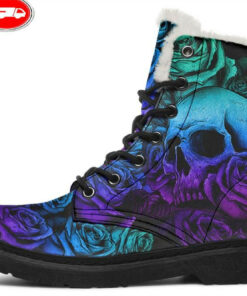 colorful tattoo skull faux fur leather boots