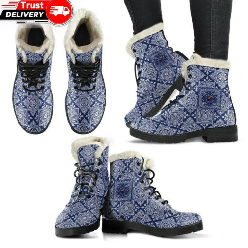 crips gang faux fur leather boots blue bandana pattern