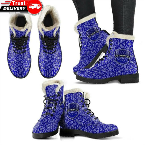 crips gang skull faux fur leather boots