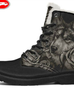 cute wolf and rose faux fur leather boots