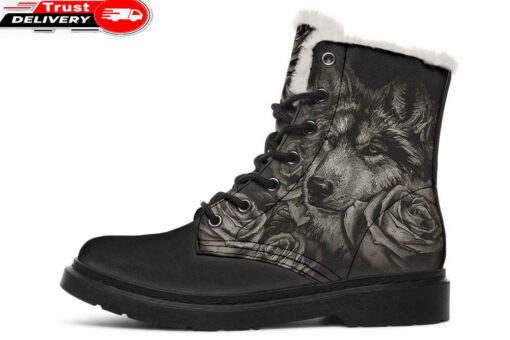 cute wolf and rose faux fur leather boots