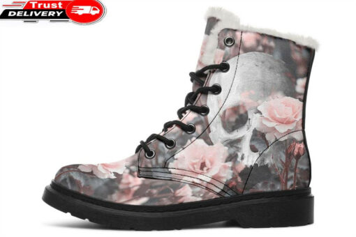 cuty pink roses skull faux fur leather boots