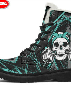 cyan dumbbell skull faux fur leather boots